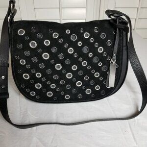 Vince Camuto Chip Black Leather & Suede Grommet-Embellished Crossbody Bag